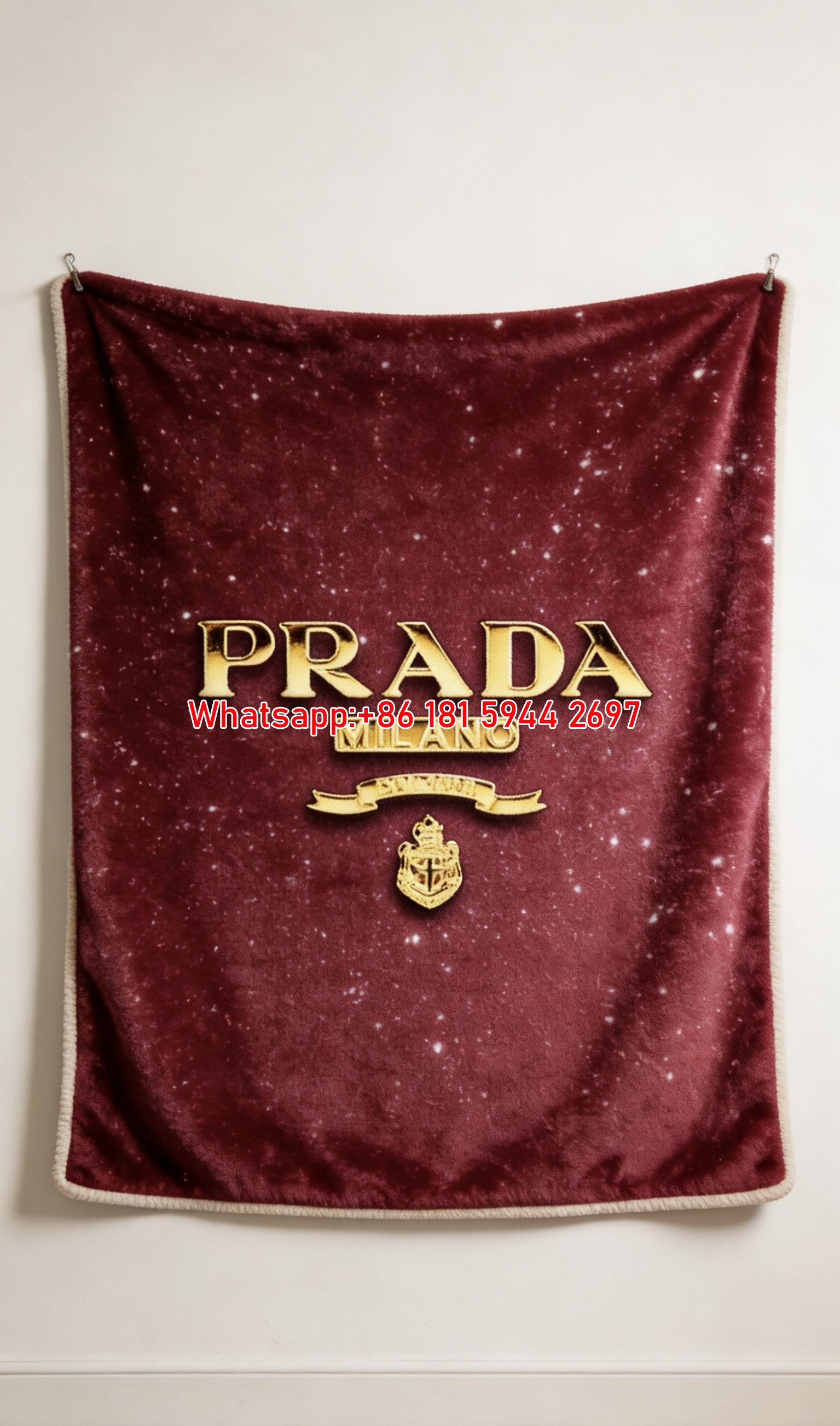 Prada Luxury Burgundy Glitter Gold Foil Logo Flannel Throw Blanket IMG_2729